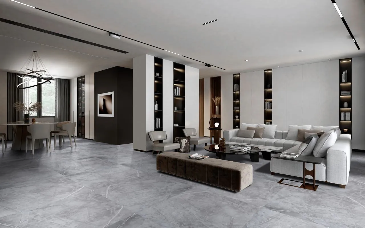 Sala integrada com piso vinílico Tarkett Injoy Gnaisse
